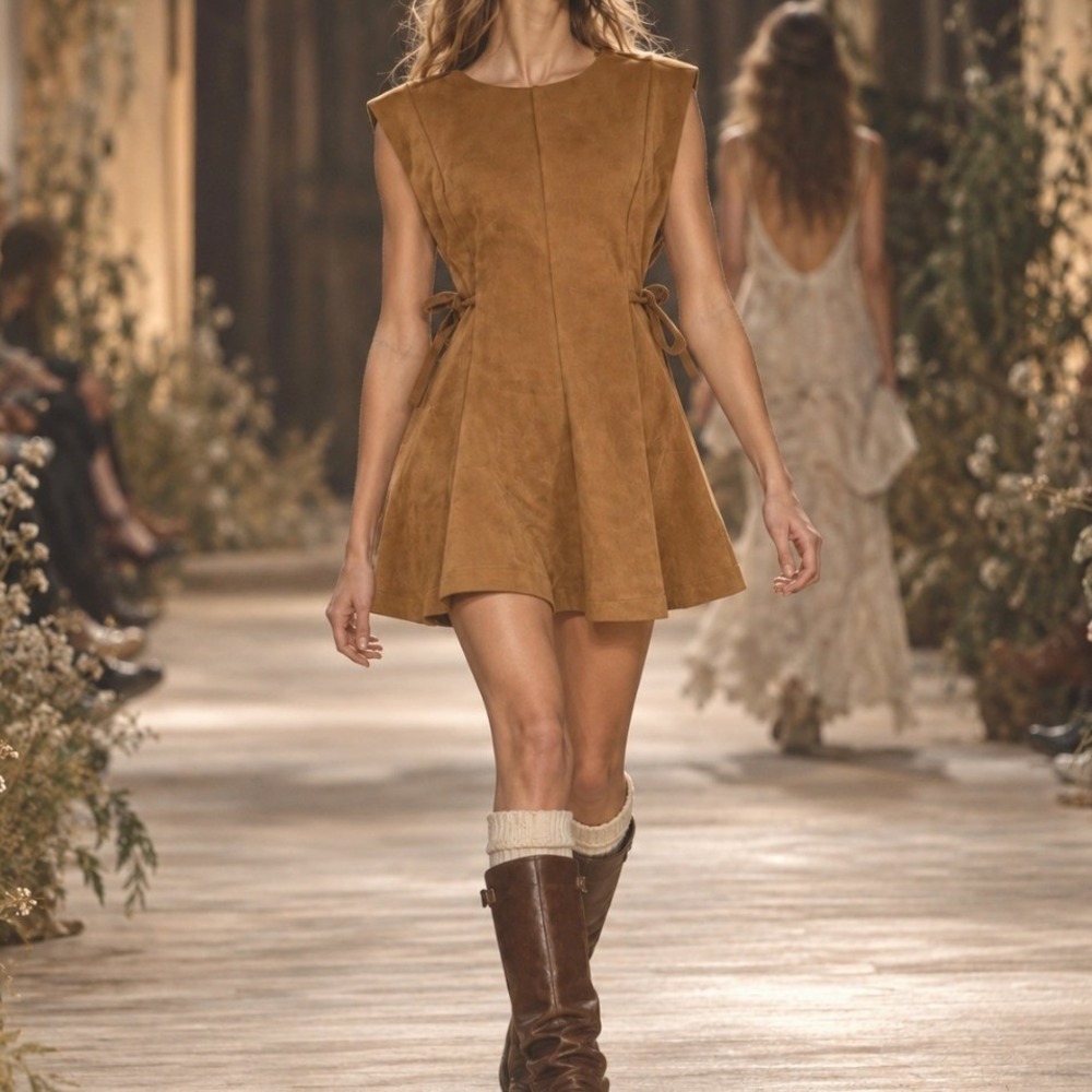 Camel Suede Mini Skater Dress Fit & Flare Ribbon Brown Medium Western Boho Fall